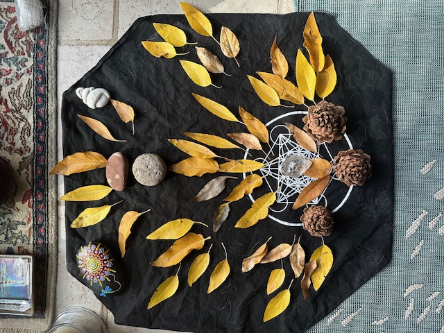 Nature altar of leaves and stones